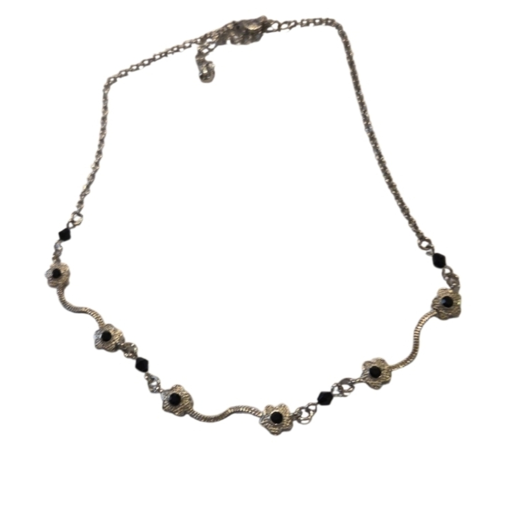 90s Nwot Elegant Silver and Black Floral Necklace Rhinestone Center